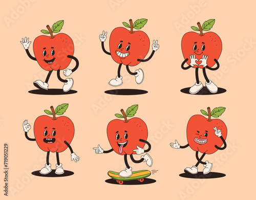 Groovy apple mascot in different poses. Funky retro apple character. Set of cartoon apples, smiling, walking, apple on skateboard, showing heart with hands.