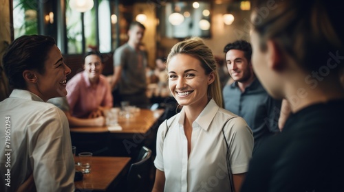 Happy waitress chatting with group of guests in bar