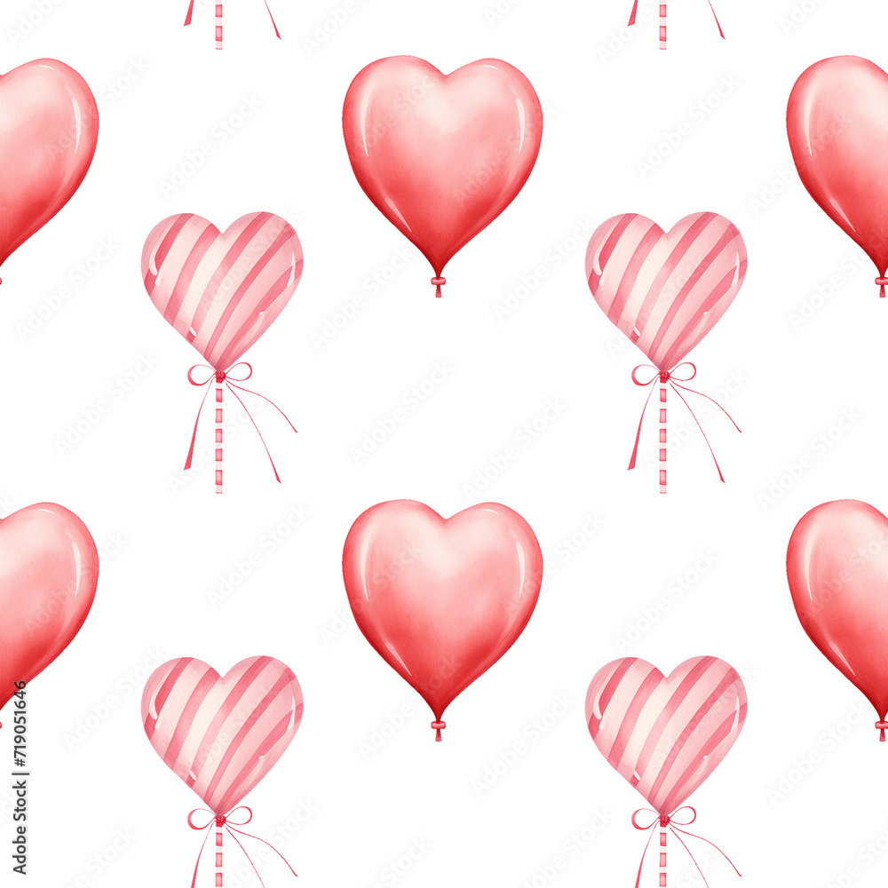 Seamless watercolor pattern for Valentine's Day with heart-shaped balloons and hearts
