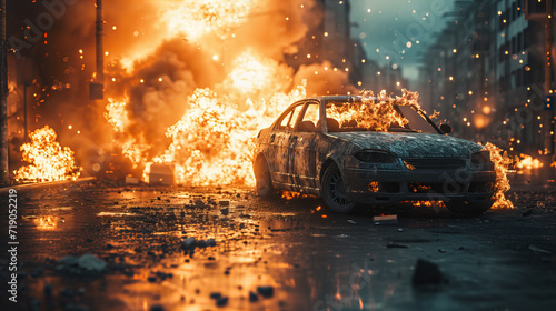 Explosive Urban Havoc, car engulfed in flames on an urban street captures a dramatic and chaotic scene of emergency and disaster