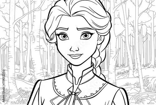 Cute fairy princess portrait coloring page. Outline black ink drawing antistress coloring book northern forest princess isolated on white vector illustration