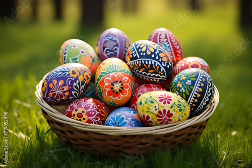 realistic easter eggs rabbit basket of flowers on pastel garden background