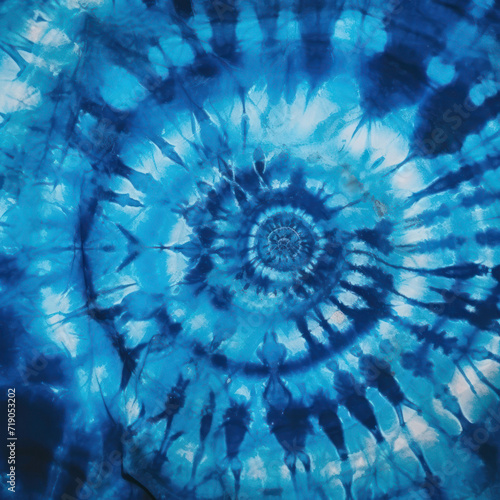 Blue Tie Dye Swirl pattern. Fractal textured art. Hippie abstract background.