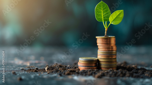 Small green plant growing from stack of coins. Money with plant growing from it.