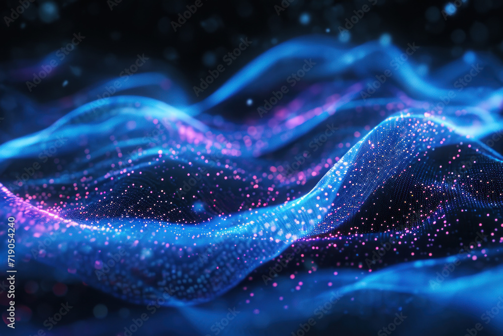 In this visualization, an abstract wave is imitated on a dark background, featuring a network design with particles that symbolize the realm of big data. - obrazy, fototapety, plakaty 