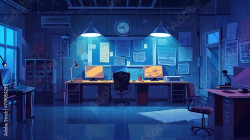 illustration of empty interior of  in investigation agency detective office with detective evidence board