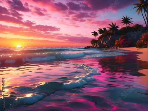 Coastal Kaleidoscope: A Mesmerizing Sunset Paints the Horizon with Vibrant Shades of Pink and Orange. generative AI © EVISUAL
