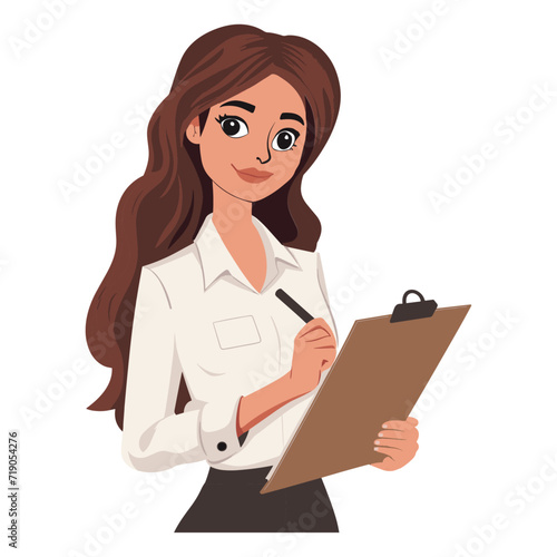 Young woman holding clipboard and writing. Vector illustration in cartoon style