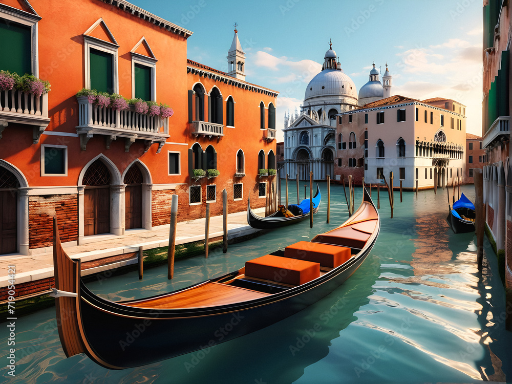 Fototapeta premium Venetian Elegance: Traditional Wooden Gondola Gliding Through the Historic Canals Amid Ancient Architecture. generative AI