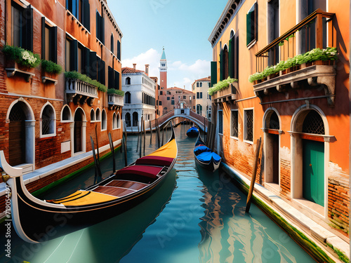 Venetian Elegance: Traditional Wooden Gondola Gliding Through the Historic Canals Amid Ancient Architecture. generative AI © EVISUAL