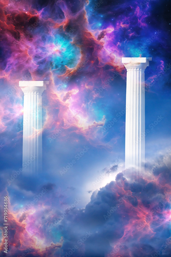 Obraz premium mystic fantasy background with two white columns or pillars, cloud with divine light and universe with galaxy, nebula and cosmic space
