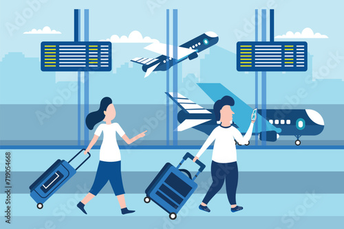 Cartoon flat busy couple tourist character with travel suitcase running through airport terminal interior missing or trouble with transit airplane flight