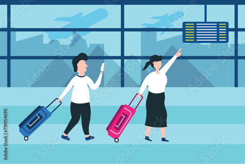 Couple in the airport terminal with luggage. Passengers and travel vector cartoon flat concept