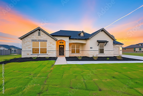 The front view of a newly built home is enhanced by a picturesque surrounding of vibrant green grass and a clear blue sky at sunrise. This appealing exterior beckons potential buyers or renters