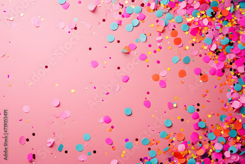 Light pink background with pink and blue scattered confetti copy space for text
