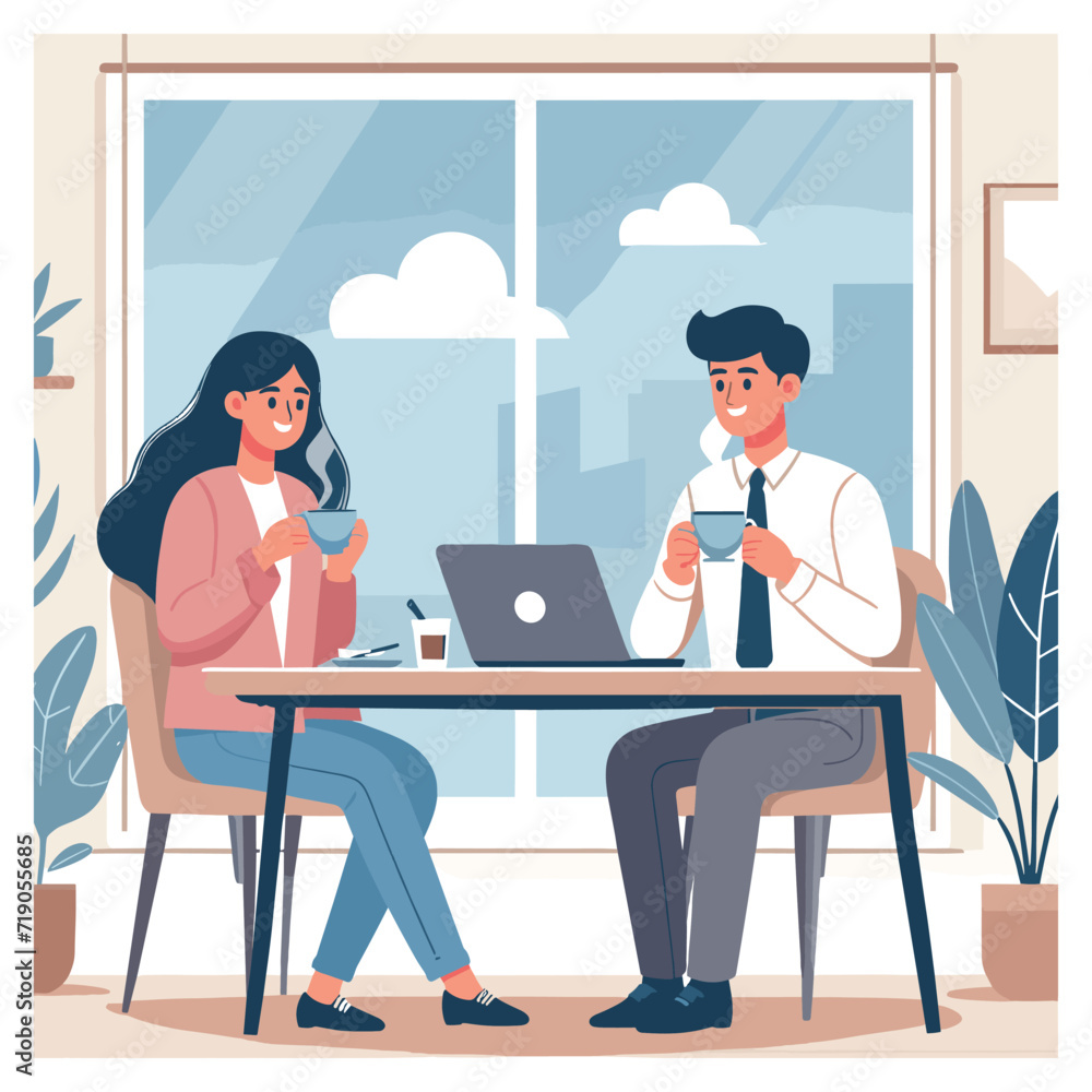 talking business plan with drink coffee illustration