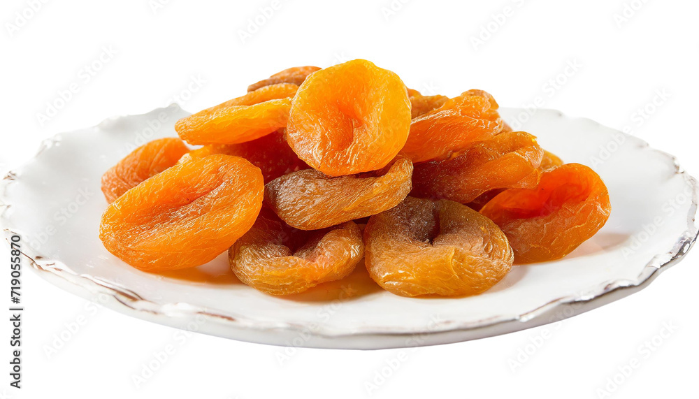 Dried apricots on a white plate isolated on transparent background. Dried apricots on a white plate isolated on transparent background.