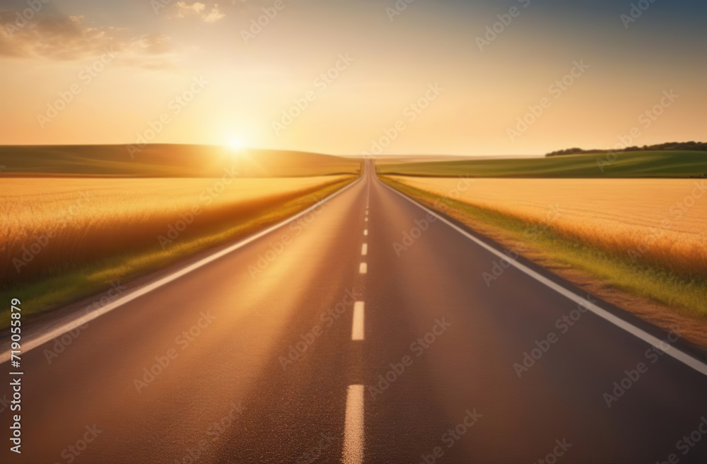 Road with marking in summer day. Empty asphalt texture close up. Panoramic skyline. Highway Valley. Beautiful curved roadway to horizon, blue sky, clouds. Road landscape. Mountain pass at sunset