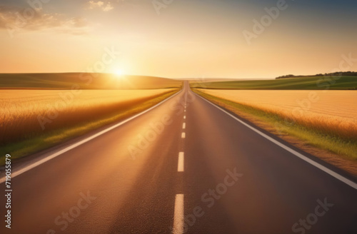 Road with marking in summer day. Empty asphalt texture close up. Panoramic skyline. Highway Valley. Beautiful curved roadway to horizon, blue sky, clouds. Road landscape. Mountain pass at sunset © Marina Demidiuk