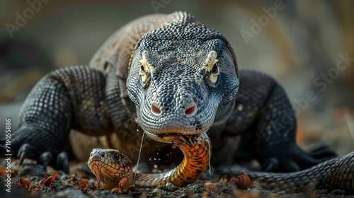 The Komodo dragon attacks its prey, a rare and dangerous animal, with an unusual background. Rare animals. photo