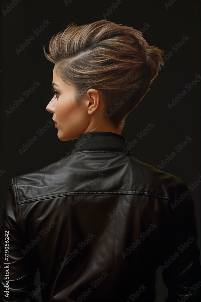 woman crew cut hair style, woman back, photo realism woman crew cut hair style, woman back, photo realism