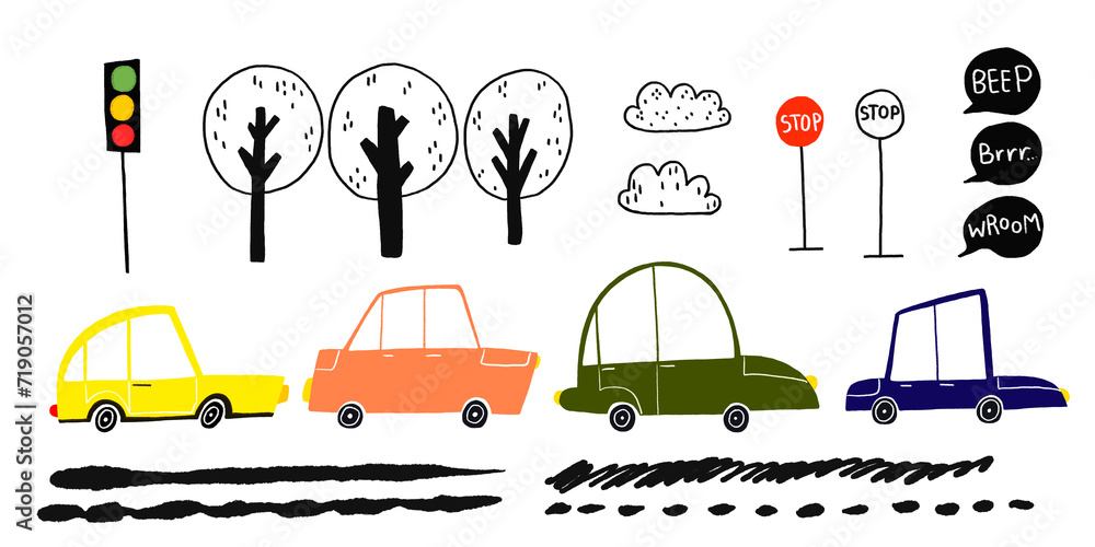 Naklejka premium Set of urban elements. Trees, road signs, clouds and passenger c