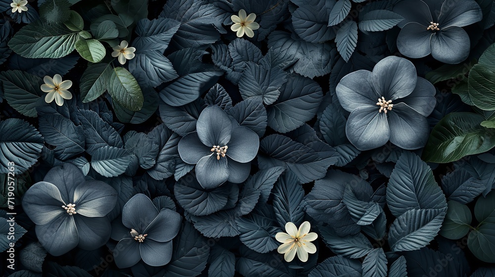 Top view lush floral intricate background with blue flower and leaves in nature, Generative AI.