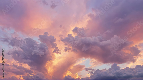 Watercolor orange and purple hues capturing a spring sunset, beneath an abstract, matte sky filled with rainbow-colored clouds