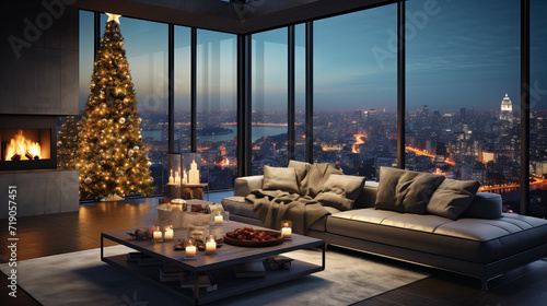 Festive Elegance in the City,  luxury apartment with a grand Christmas tree and a cityscape view sets a serene and opulent holiday mood photo