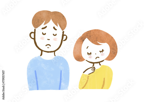 悩む男女の上半身手描きイラスト