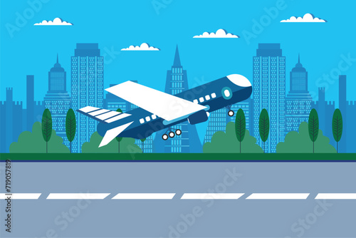 illustration of Airport terminal building with big plane and aircraft taking off on modern city background