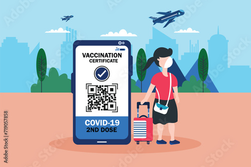 A passport and a smart phone with a certificate of vaccination against the Covid-19 disease. Health Passport concept. travel the world