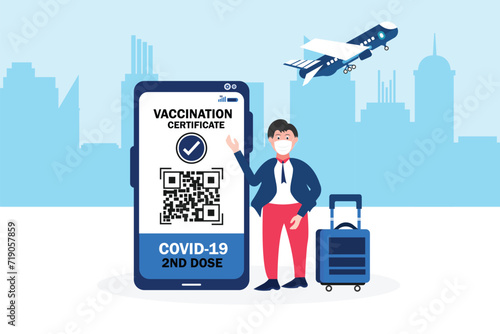 A passport and a smart phone with a certificate of vaccination against the Covid-19 disease. Health Passport concept. travel the world.