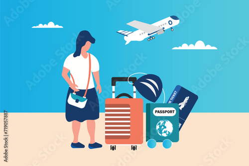Happy woman travelling to other country. Ticket, bag, passport journey flat vector illustration