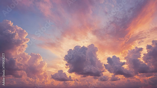 Soft, rainbow-colored clouds in a matte painting, capturing the essence of spring against an abstract orange and purple watercolor sunset sky