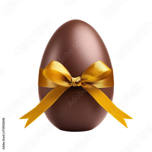 Joyful Easter Greetings with a Chocolate Egg Wrapped in Ribbon Bow, Isolated on Transparent Background, PNG
