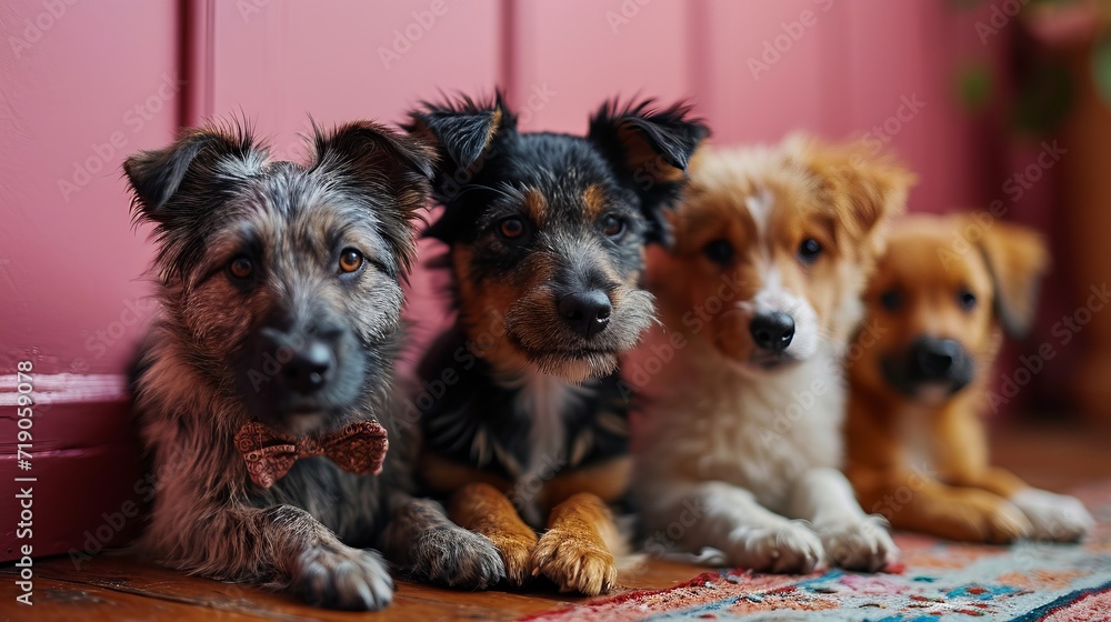 puppies of various breeds sit next to each other and look into the lens with a curious look concept: pets, dogs