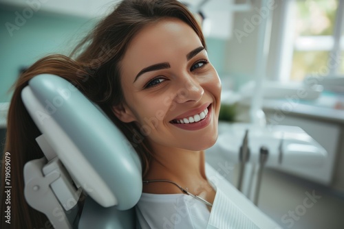 A happy woman is sitting in a dentist's chair and looking directly at the camera. Capture the positive atmosphere and her contentment during the dental visit