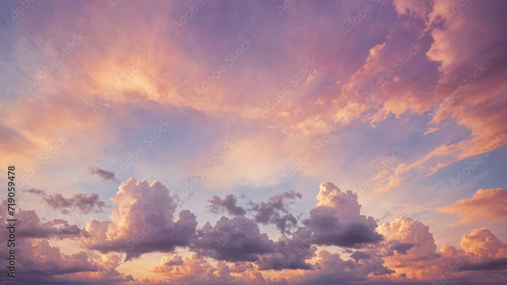 Fototapeta premium Abstract, soft-hued clouds of spring in a rainbow sky, matte painting style, against a watercolor background with an orange and purple sunset