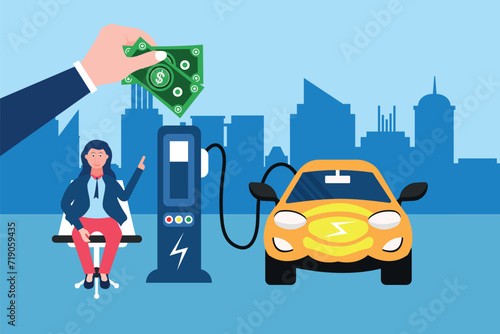 Vector of an electric car charging at the charger station saving money