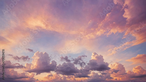 Abstract, soft-hued clouds of spring in a rainbow sky, matte painting style, against a watercolor background with an orange and purple sunset