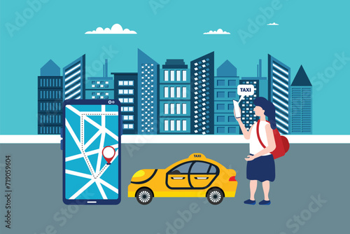 The concept of a mobile application and call a taxi online. A young girl walks around the city with skyscrapers and calls a taxi. Yellow taxi car on the road.