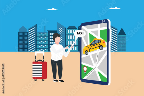 Online ordering taxi car, rent and sharing using service mobile application. man near smartphone screen with route and points location on a city map on the car and urban landscape
