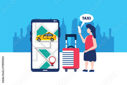 Online ordering taxi car, rent and sharing using service mobile application. Woman near smartphone screen with route and points location on a city map on the car and urban landscape