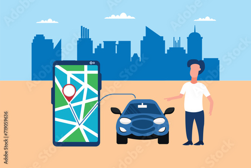 Remote connection to vehicle via mobile app. Smartphone with city map on screen. Wireless connection. Car control. Taxi or car sharing application.