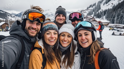 Portrait of group of friends with skis and snowboards on winter holidays