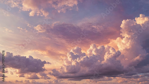 Abstract, soft-hued clouds of spring in a rainbow sky, matte painting style, against a watercolor background with an orange and purple sunset © Oleg