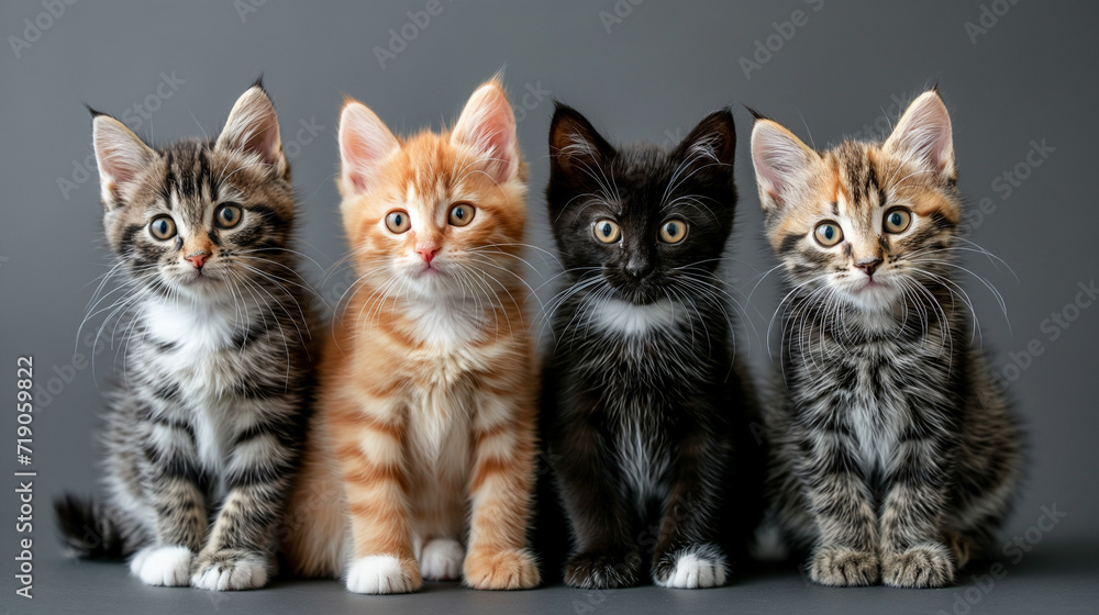Kittens of different colors sitting next to each other on a gray background, minimalistic photo
