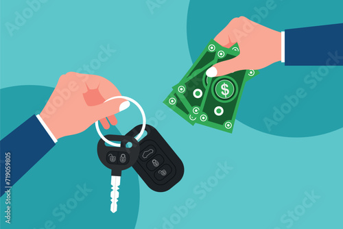 Car dealer gives car key to buyer. Hand holding car key and other hand holding money cash. Renting and Buying car concept