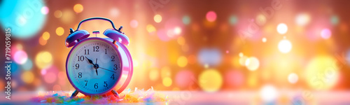 A banner with a round alarm clock on the background of a beautiful Bokeh. Good morning advertisement, alarm clock advertisement, clock advertisement.